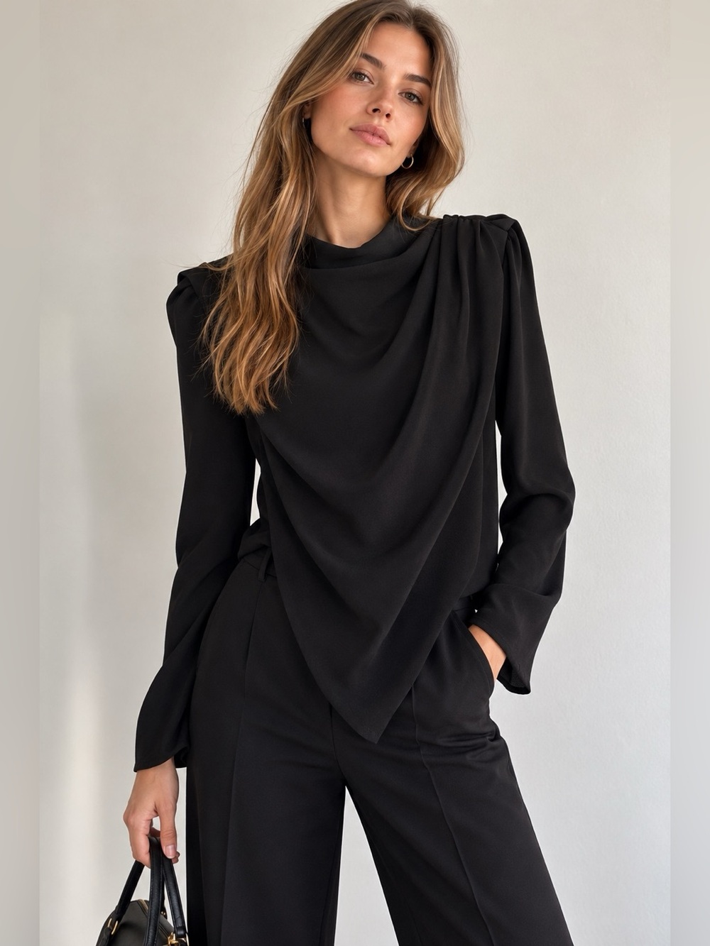 ZARA Black Draped Cowl Neck Long Sleeve Blouse Structured Shoulder Size S